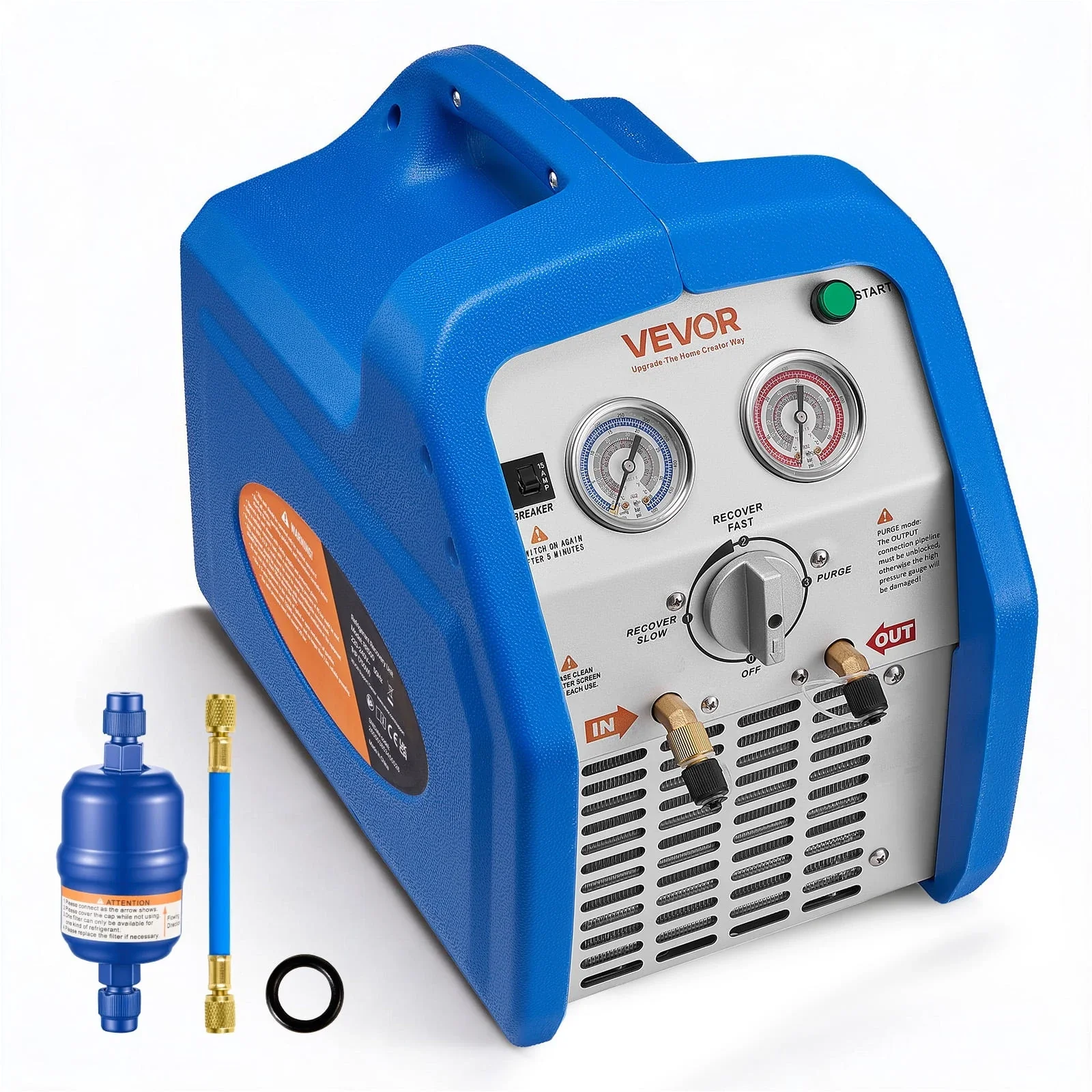 VEVOR Portable Refrigerant Recovery Machine, 1 HP 120V 60Hz Dual Cylinder AC Recovery Machine, 1750 RPM Recycling Unit HVAC