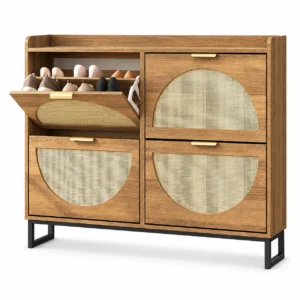 Conate Rattan Shoe Cabinet with 4 Flip Drawers, Modern 40 Pair Shoe Storage Cabinet for Entryway with Hidden Golden Handles