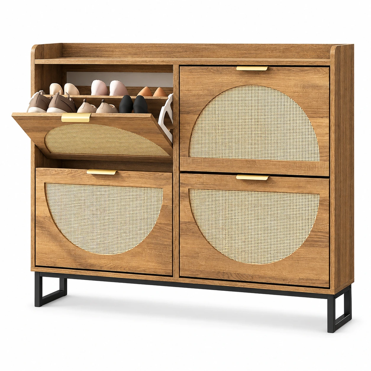 Conate Rattan Shoe Cabinet with 4 Flip Drawers, Modern 40 Pair Shoe Storage Cabinet for Entryway with Hidden Golden Handles