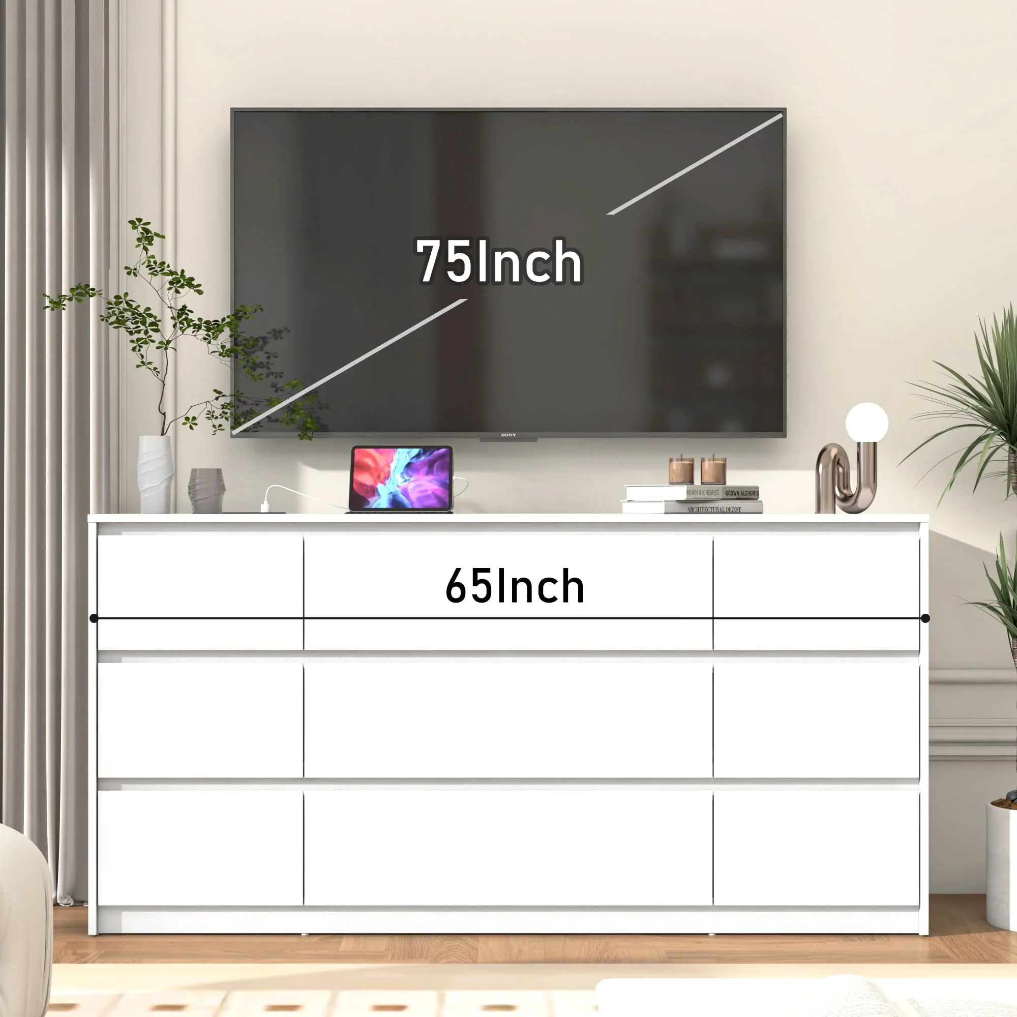 ChVans Black 9 Drawers Dresser with Charging Station, 63" Long Modern Dresser with 9 Drawers for Bedroom, Large Wood Chest of Drawers Handle Free, Dresser for Bedroom, Living Room, Hallway