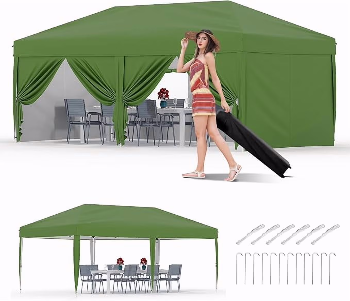 10x20 Pop Up Canopy Tent with 4 Sidewalls, Heavy Duty Outdoor Canopy UPF 50+ All Season Waterproof Commercial Street Vendors Party Tents with Roller Bag, 8 Stakes & 6 Sandbags,Khaki