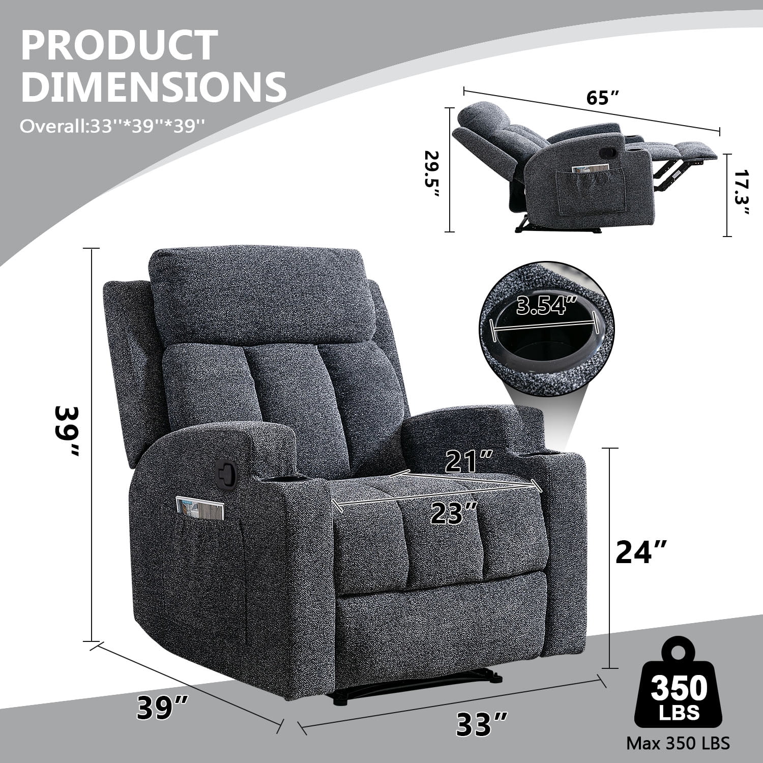 Bonzy Home Recliner Chair with Massage and Heat, Manual Fabric Reclining Chair with Cup Holders & Side Pockets for Living Room, Bedroom