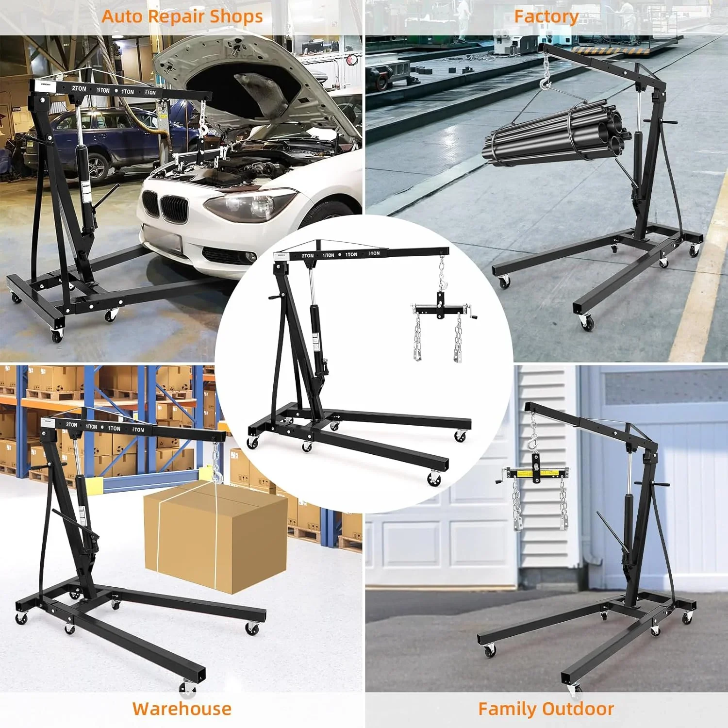Mescukay 2 Ton Engine Hoist with Lever, 4000 lbs Heavy Duty Folding Cherry Picker Engine Lift Hydraulic Tilting Engine Shop Crane with 6 Iron Caster Wheels Telescopic Boom Hitch