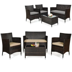 Costway 4PCS Patio Wicker Furniture Set Sofa Chair with Brown & Grey Cushion Covers Garden