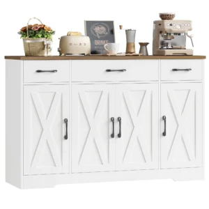 Homfa Buffet Cabinet with 3 Drawers and 4 Doors, 55.1” W Kitchen Sideboard Storage Cabinet with Adjustable Shelves, Farmhouse Coffee Bar Cabinet for Dining Room