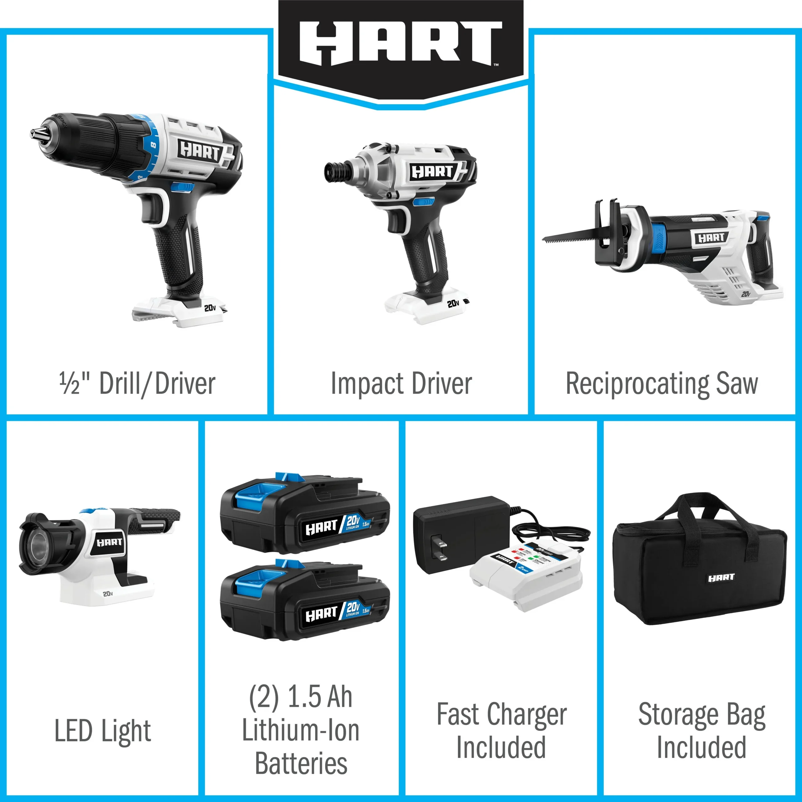 HART 20 Volts 4-Tool Battery-Powered Combo Kit, (2) 1.5Ah Lithium-Ion Batteries