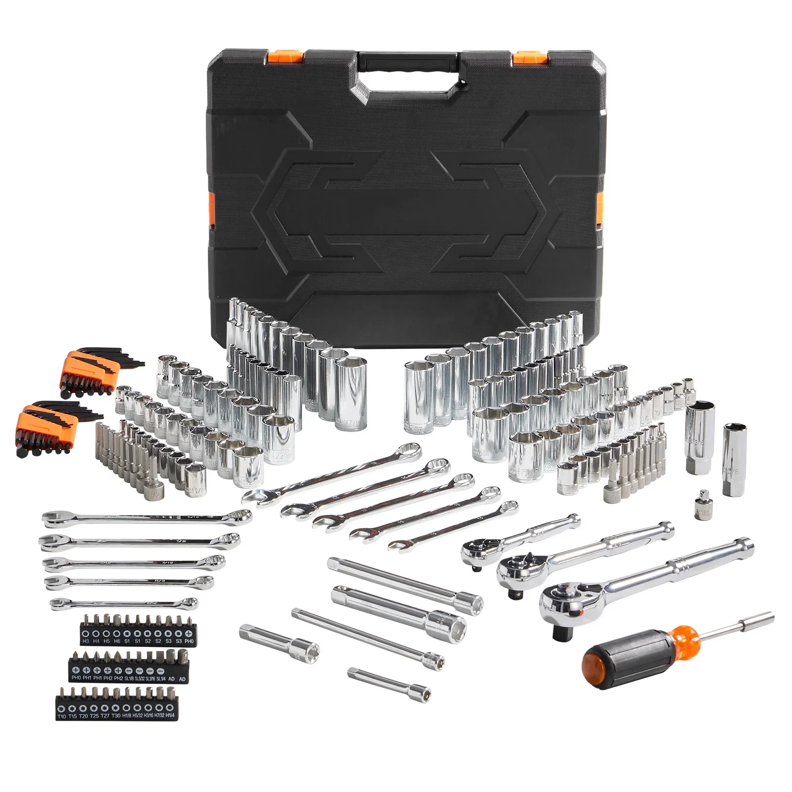 KFFKFF Mechanics Tool Set and Socket Set, 1/4" and 3/8" Drive Deep & Standard Sockets, 205 Piece SAE and Metric Mechanic Tool Kit with Bits, Combination Wrench, Hex Wrenches, Accessories