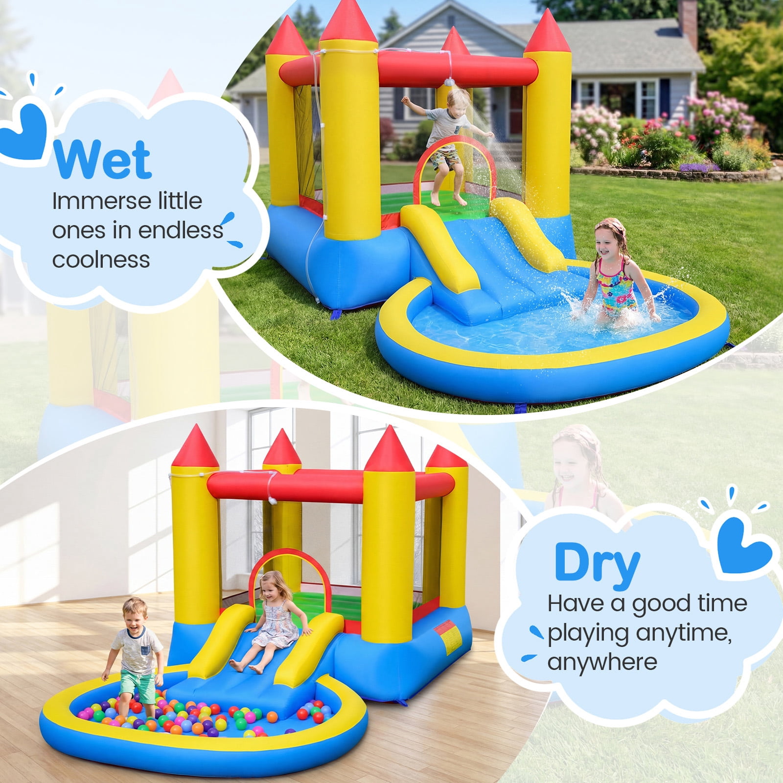 Gymax Inflatable Bounce House Kids Water Park Wet Dry w/ Splash Pool Water Slide & Bouncy Area Indoor Outdoor Jumping Castle