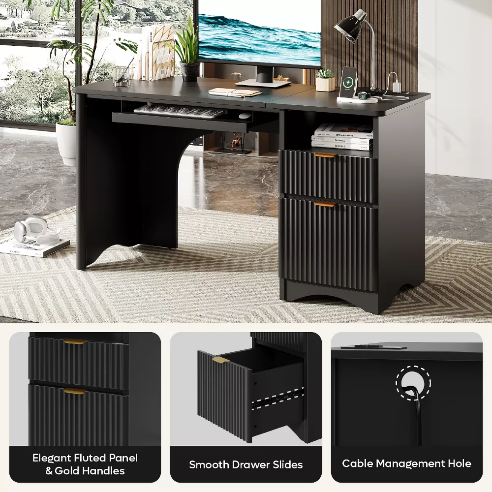 Bestier 55" Home Office Desk with Power Outlet & Keyboard Tray | Built-in USB Ports, File Drawer, Cable Management | Modern Computer Desk for Study, Gaming, Work, Blcak