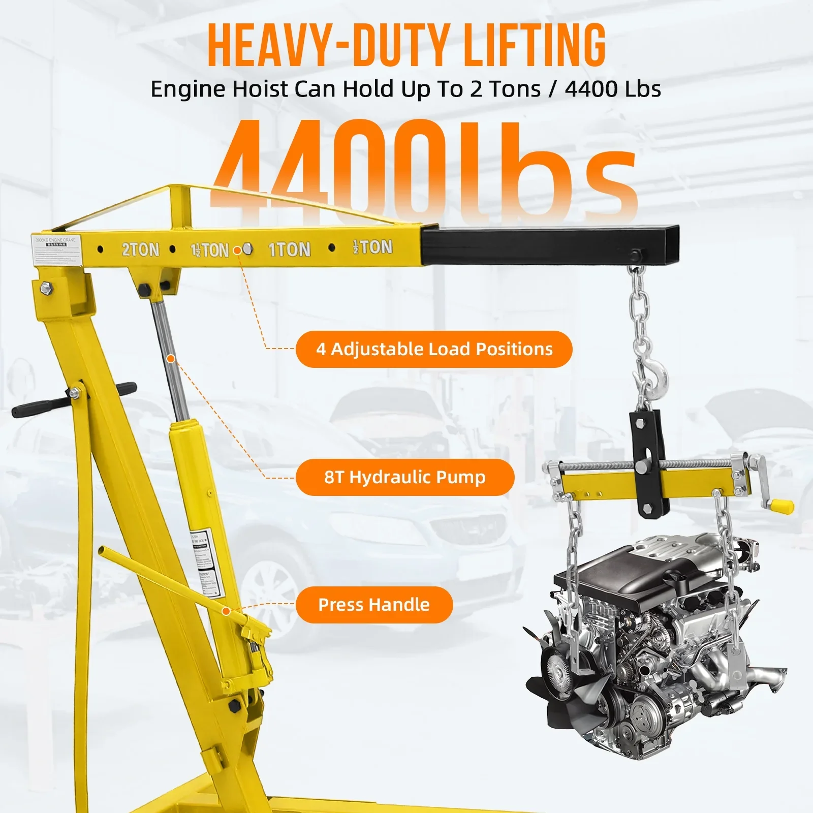 GARVEE 2 Ton Folding Hydraulic Engine Hoist with Lever,Folding Engine Shop Crane Hoist Lift,Heavy Cherry Picker with 6 Wheels for Garage,Workshop,Yellow