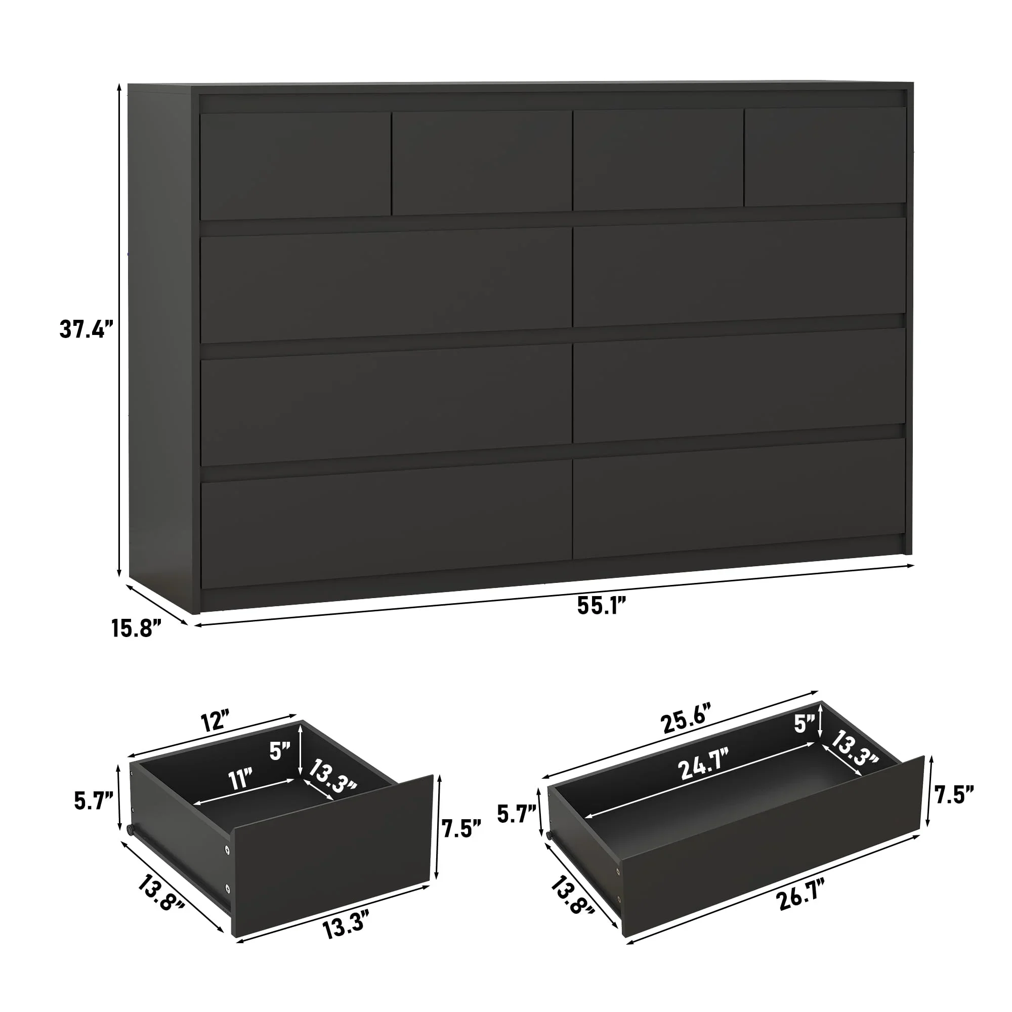 ChVans Black 9 Drawers Dresser with Charging Station, 63" Long Modern Dresser with 9 Drawers for Bedroom, Large Wood Chest of Drawers Handle Free, Dresser for Bedroom, Living Room, Hallway
