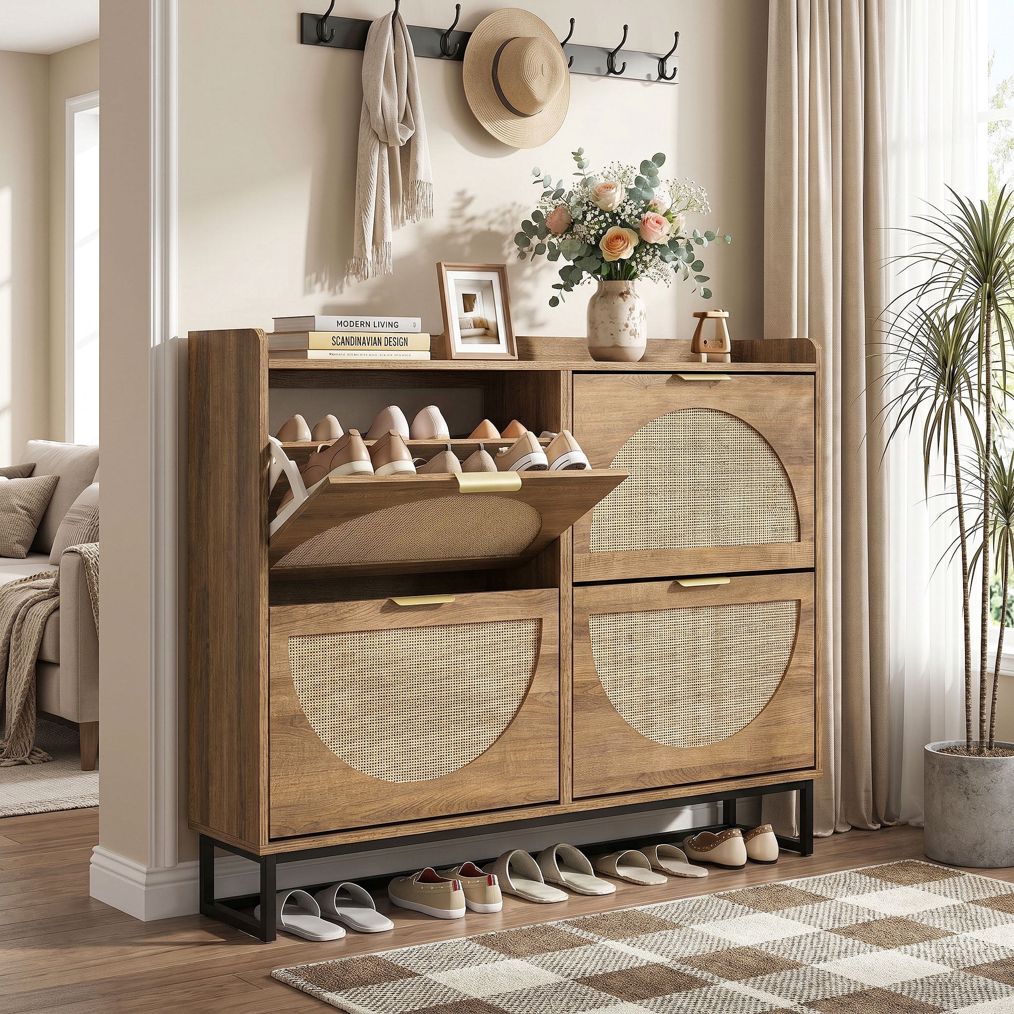 Conate Rattan Shoe Cabinet with 4 Flip Drawers, Modern 40 Pair Shoe Storage Cabinet for Entryway with Hidden Golden Handles
