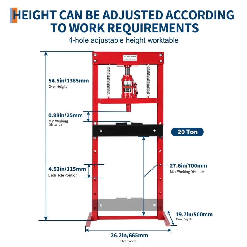 TROPOW 20 Ton Hydraulic Shop Press – Heavy-Duty H-Frame Press with Adjustable Height, Dual Plates & Dust Cover – Red