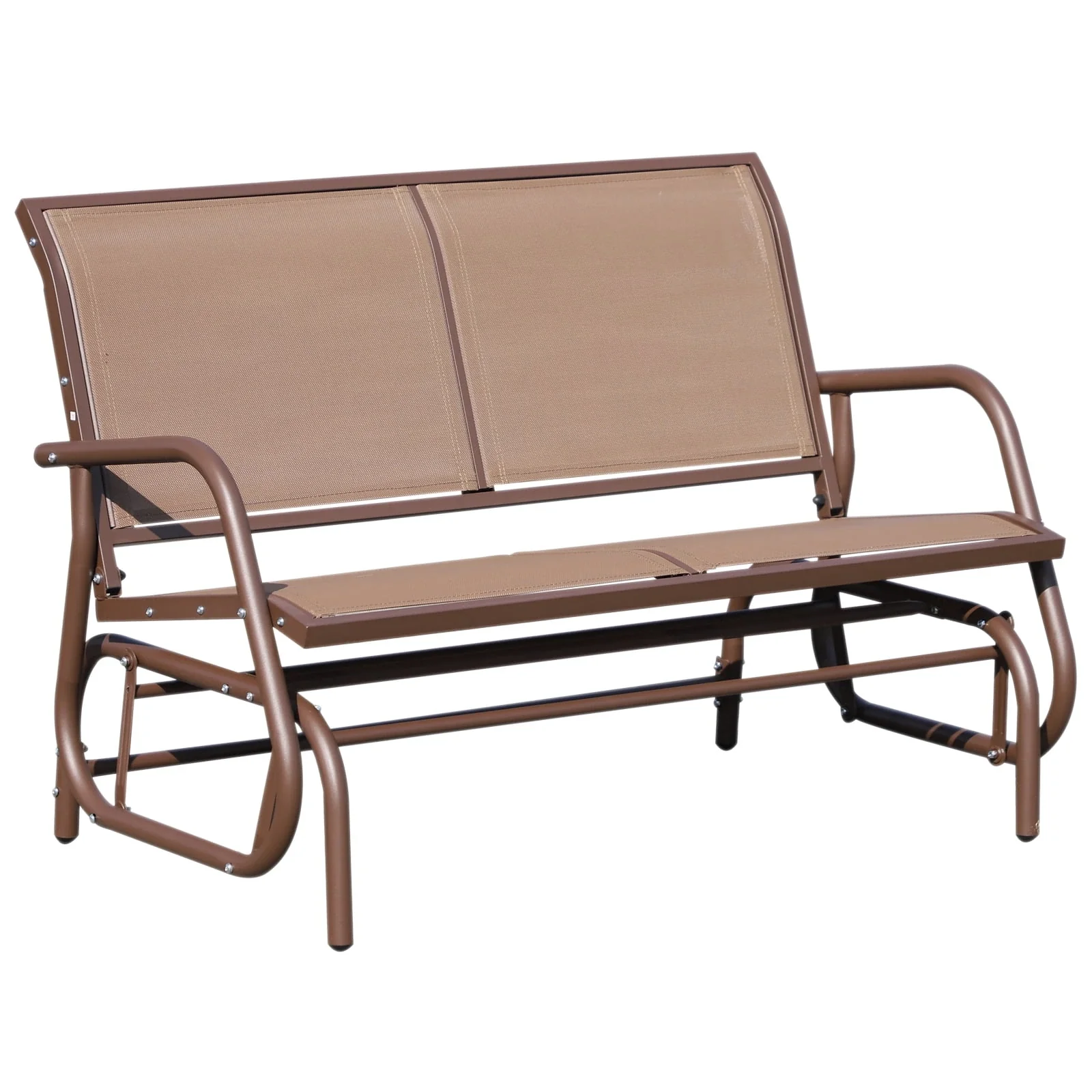 Outsunny Patio Double Glider Outdoor Steel Sling Fabric Gliding Bench Garden Swing Chair Heavy-Duty Porch Rocker Garden Loveseat Coffee Brown