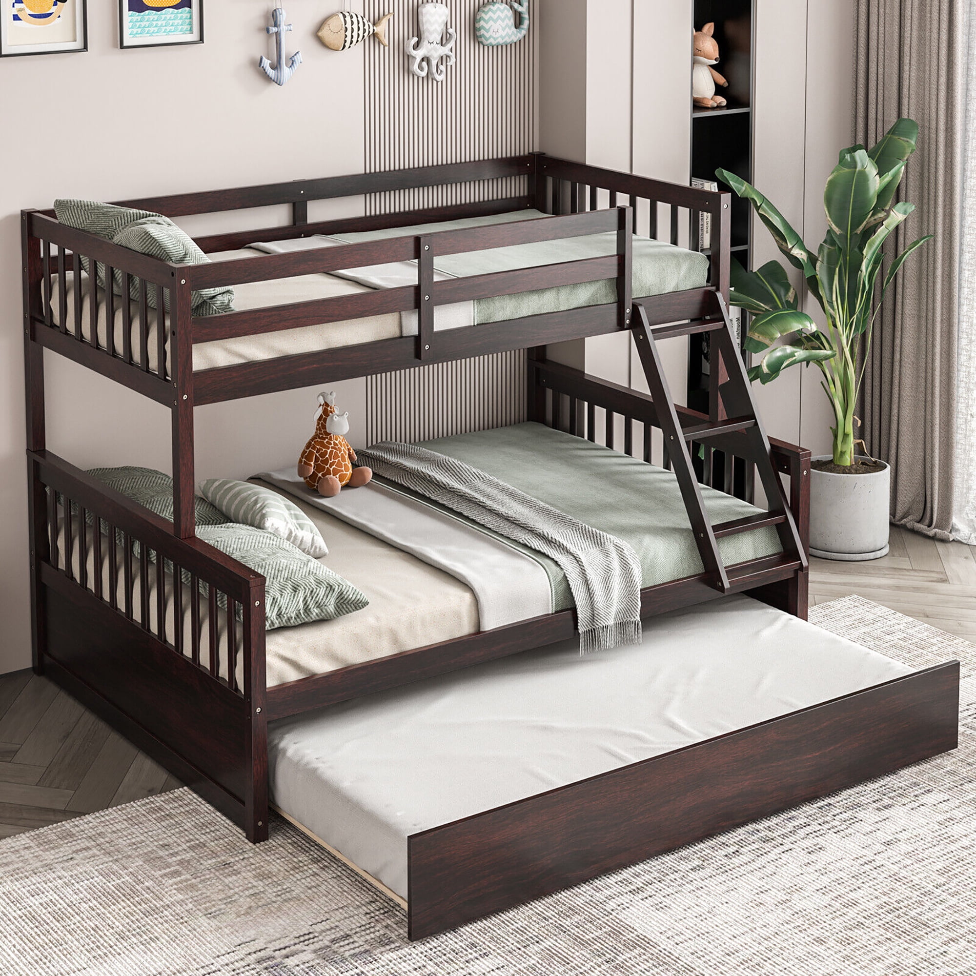 Gymax Twin Over Full Bunk Bed with Twin Trundle Convertible Platform Bed