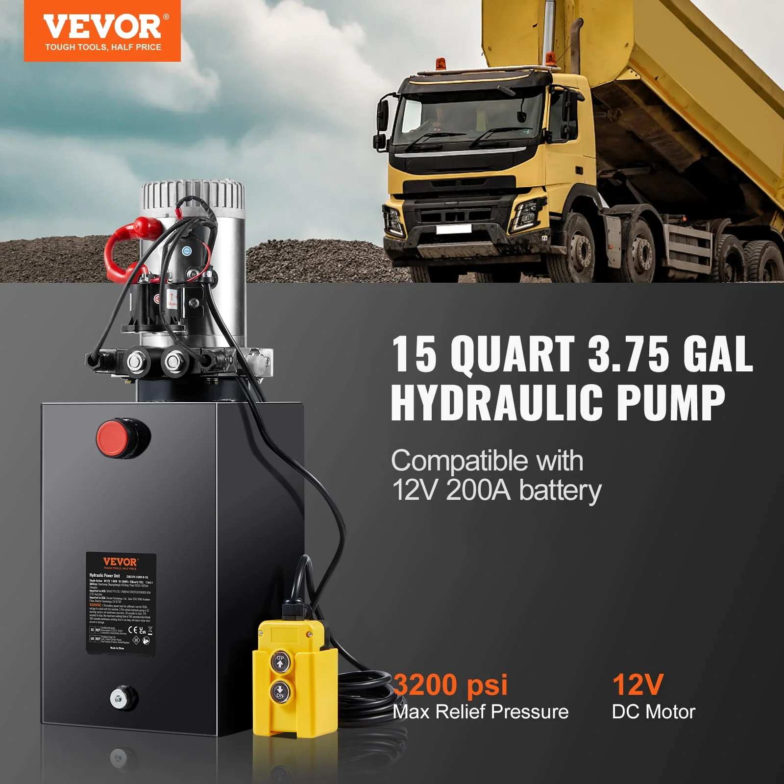 VEVOR Hydraulic Pump, 15 Quart Hydraulic Power Unit, Double Acting Dump Trailer Pump, 0.91 GPM Flow Rate, 3200 PSI Max Relief Pressure, DC 12V Hydraulic Pump for Dump Trailer Car Lifting
