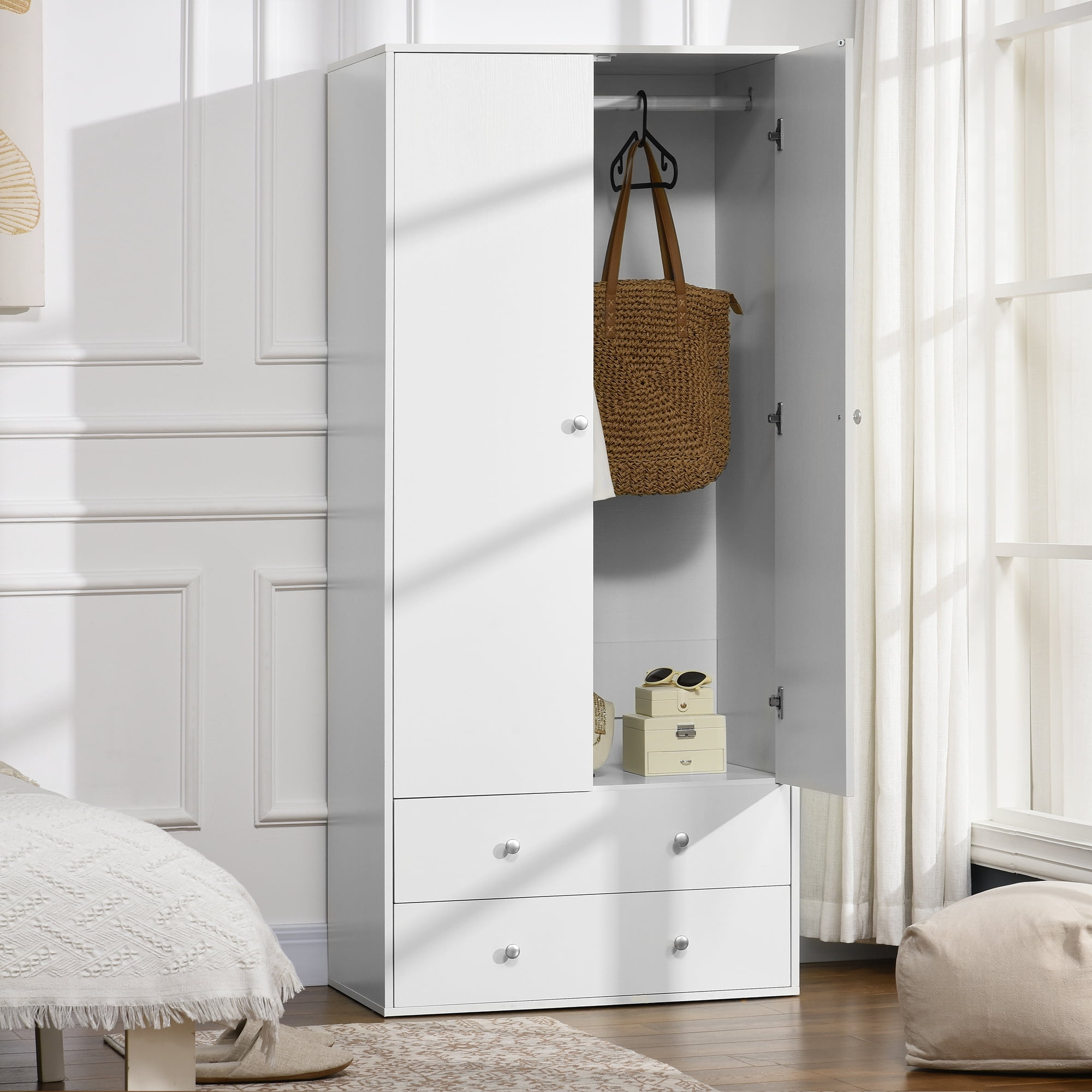 HOMCOM Wardrobe Closet, Armoire with Drawers and Hanging Rail for Bedroom