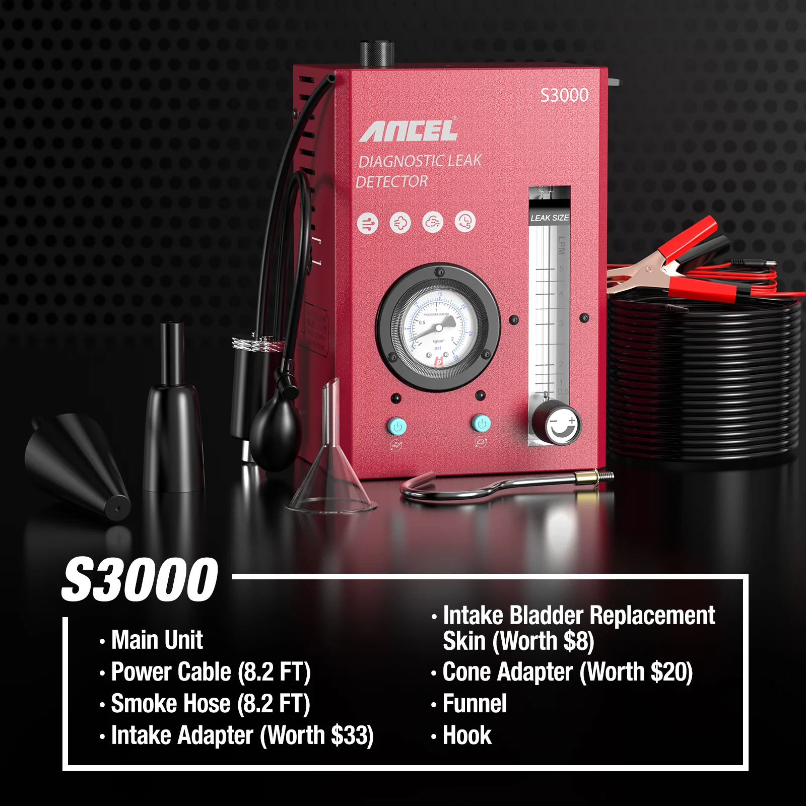 ANCEL S3000 Car Smoke Leak Detector Automotive EVAP Smoke Machine Dual Mode Leakage Analyzer Pipe Leakage Tester Locator with Oil Level Gauge & Air Flowmeter for Cars Motorcycles All Systems Pipes