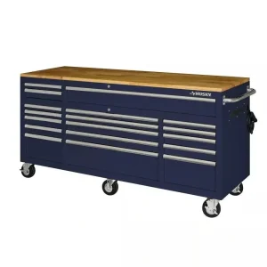 Husky 72 in. 18-Drawer Mobile Workbench with Solid Wood Top in Gloss Blue