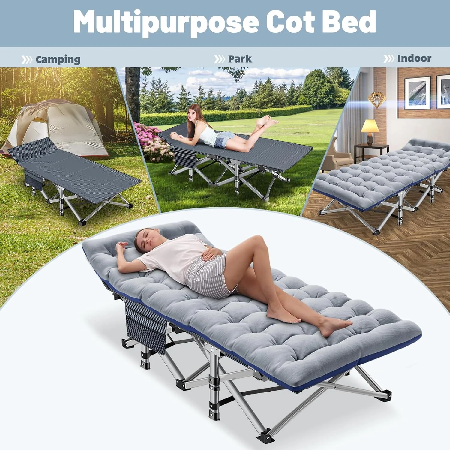 Lilypelle 2PC Folding Camping Cot, Folding Cot Camping Cots for Adults Portable Outdoor Cots with Carry Bags for Outdoor Travel Camp Beach Vacation