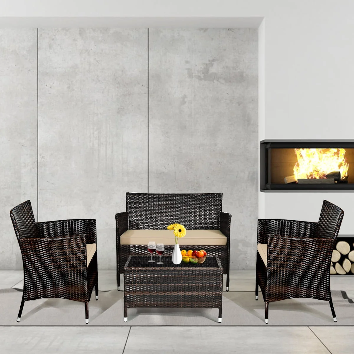 Gymax 8PCS Patio Rattan Conversation Furniture Set Outdoor w/ Brown Cushion