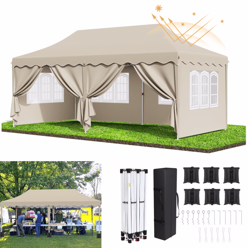 LAZY BUDDY 10'x20' Pop up Canopy Tent with 6 Sidewalls, Heavy Duty Outdoor Canopy Tent Commercial Instant Folding Sun Shelter for Party, Wedding, Camping
