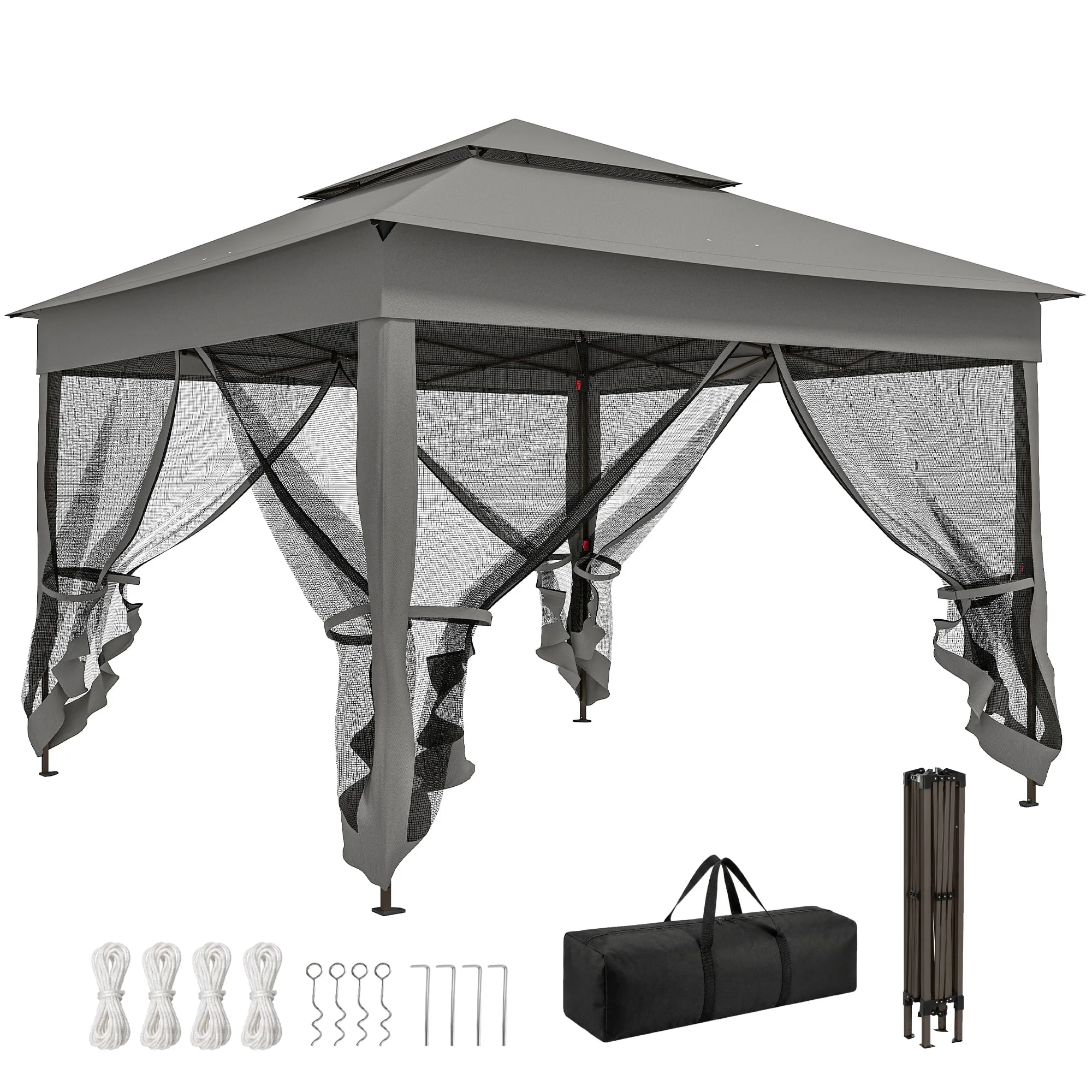 11'x11' Pop Up Gazebo 2-Tier Soft Top Gazebo w/ Mesh Netting