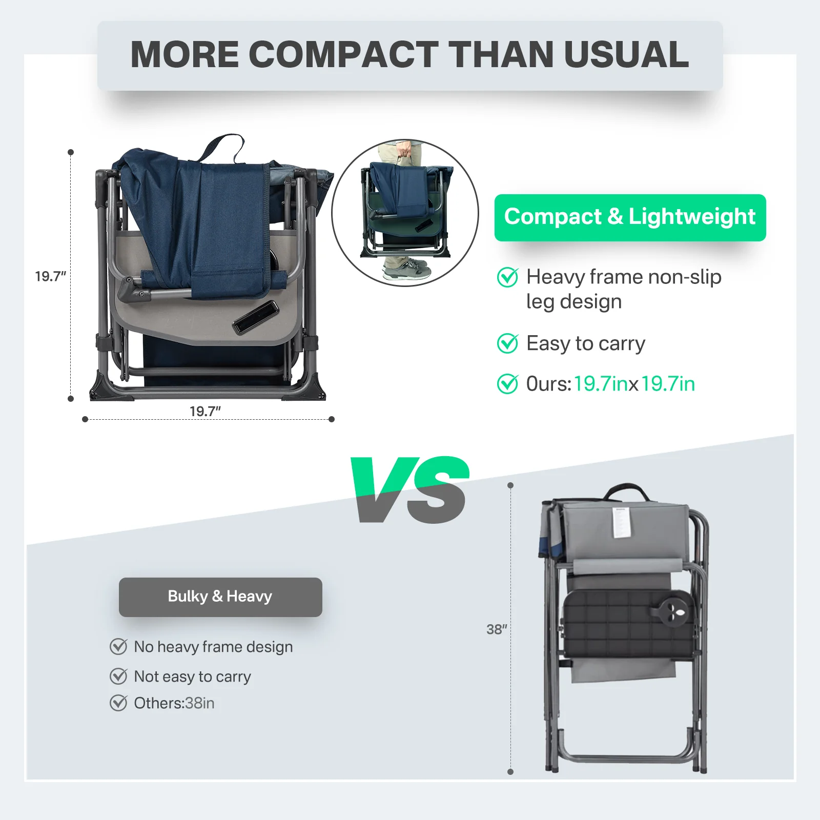 TIMBER RIDGE Portable Director Chair, Heavy Duty Camping Folding Chair with Compact Size with Side Pocket and Side Table, Support 400 lbs, Grey