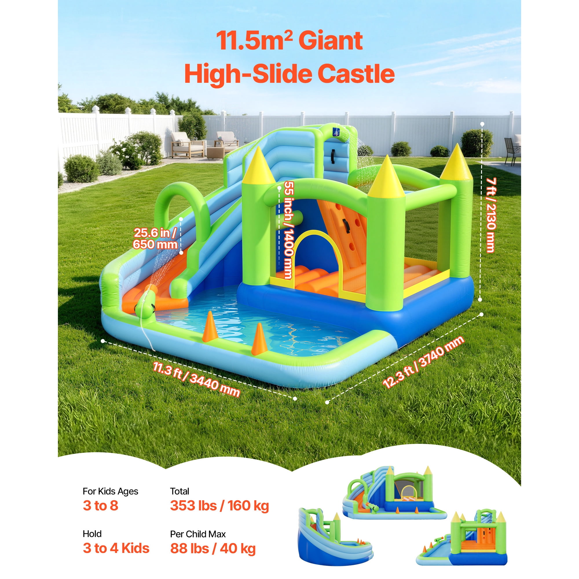 KFFKFF Inflatable Bounce House, 11.3 x 12.3 x 7.0 ft Inflatable Bounce House Water Slide, Bouncer Castle with Castle Bounces, Basketball Hoop, Splash Pool & Water Ring Toss, for 3 to 4 Ages 3 to 8