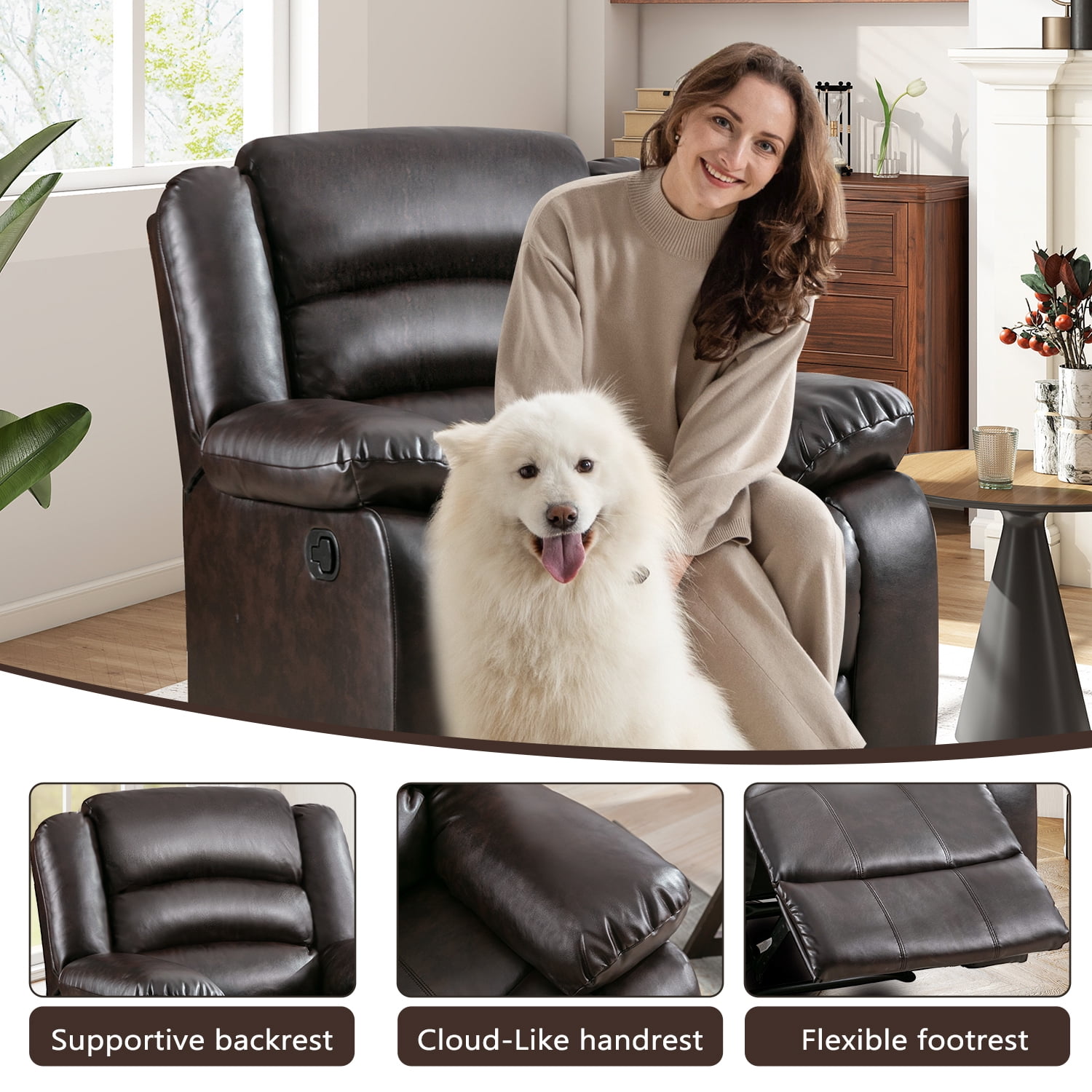 Bonzy Home Manual Recliner Chair, Breathable Faux Leather Reclining Chairs with Overstuffed Arm and Back, Living Room Single Sofa Recliners,Dark