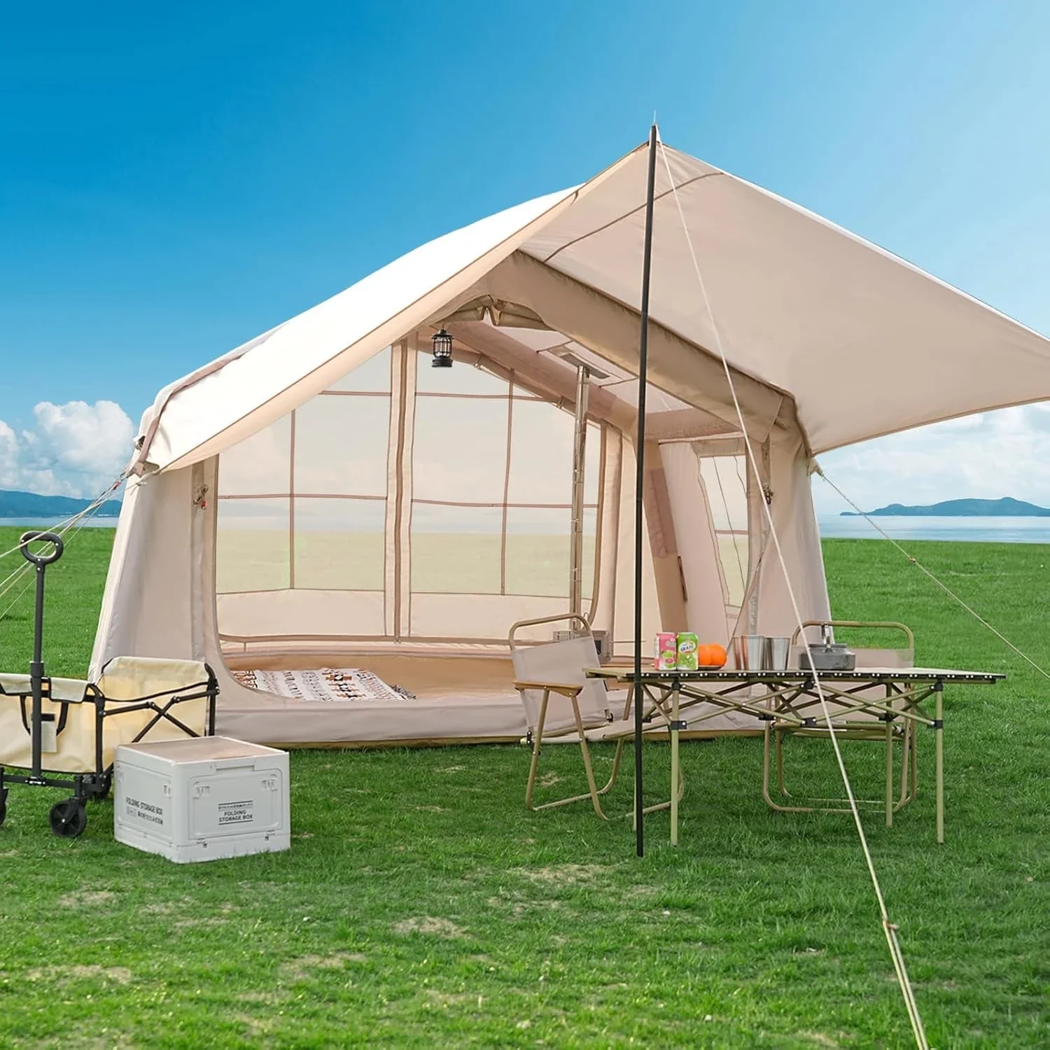 Zikebtuy 2/6/8 Person Inflatable Camping Tent, Easy Setup Blow Up Air Tent with Hand Pump, Waterproof 4-Season Glamping Tent with Large Mesh Windows & Oversized Canopy for Couples, Group & Family