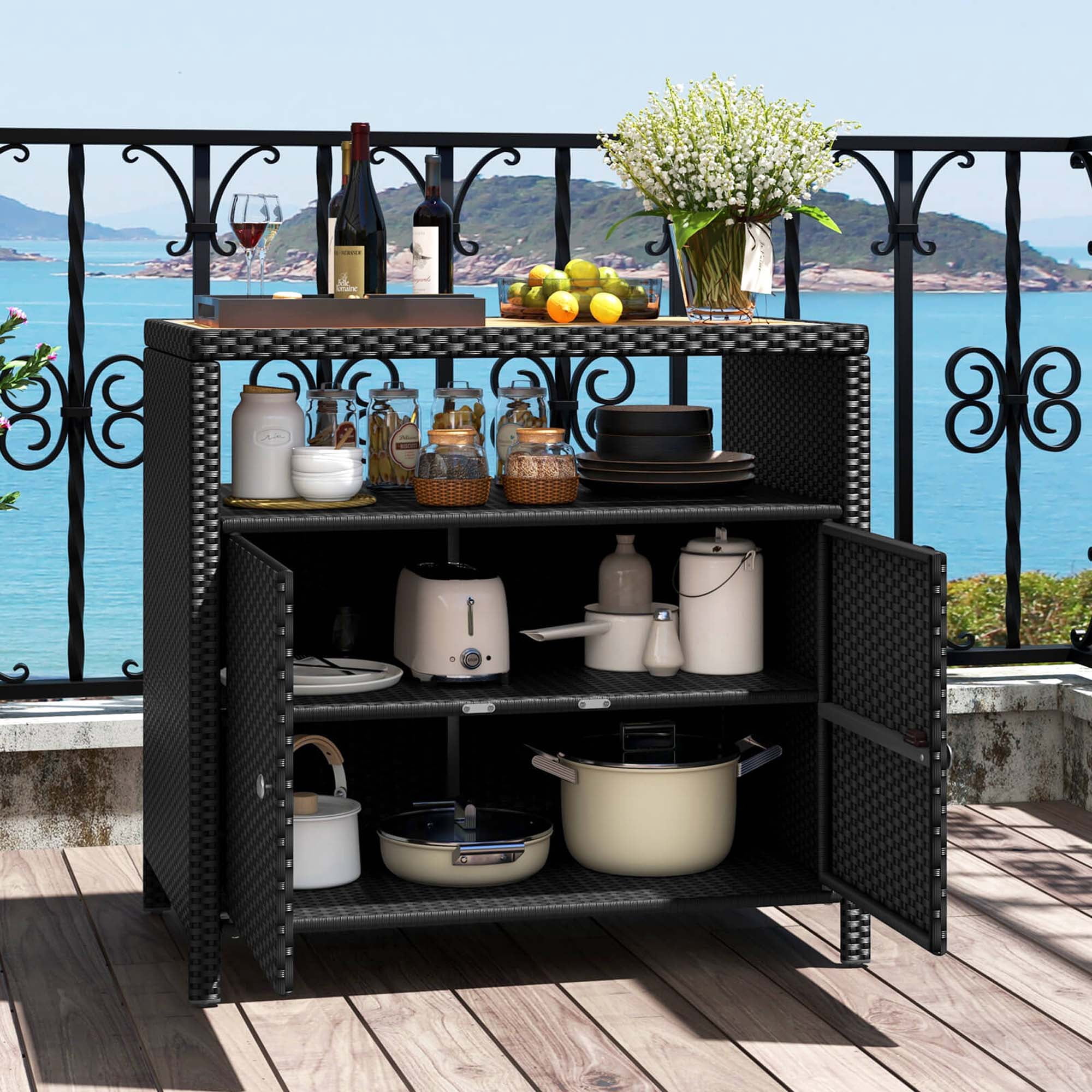 Costway Patio Rattan Storage Cabinet with Acacia Wood Countertop Open Shelf 2 Door Cabinet