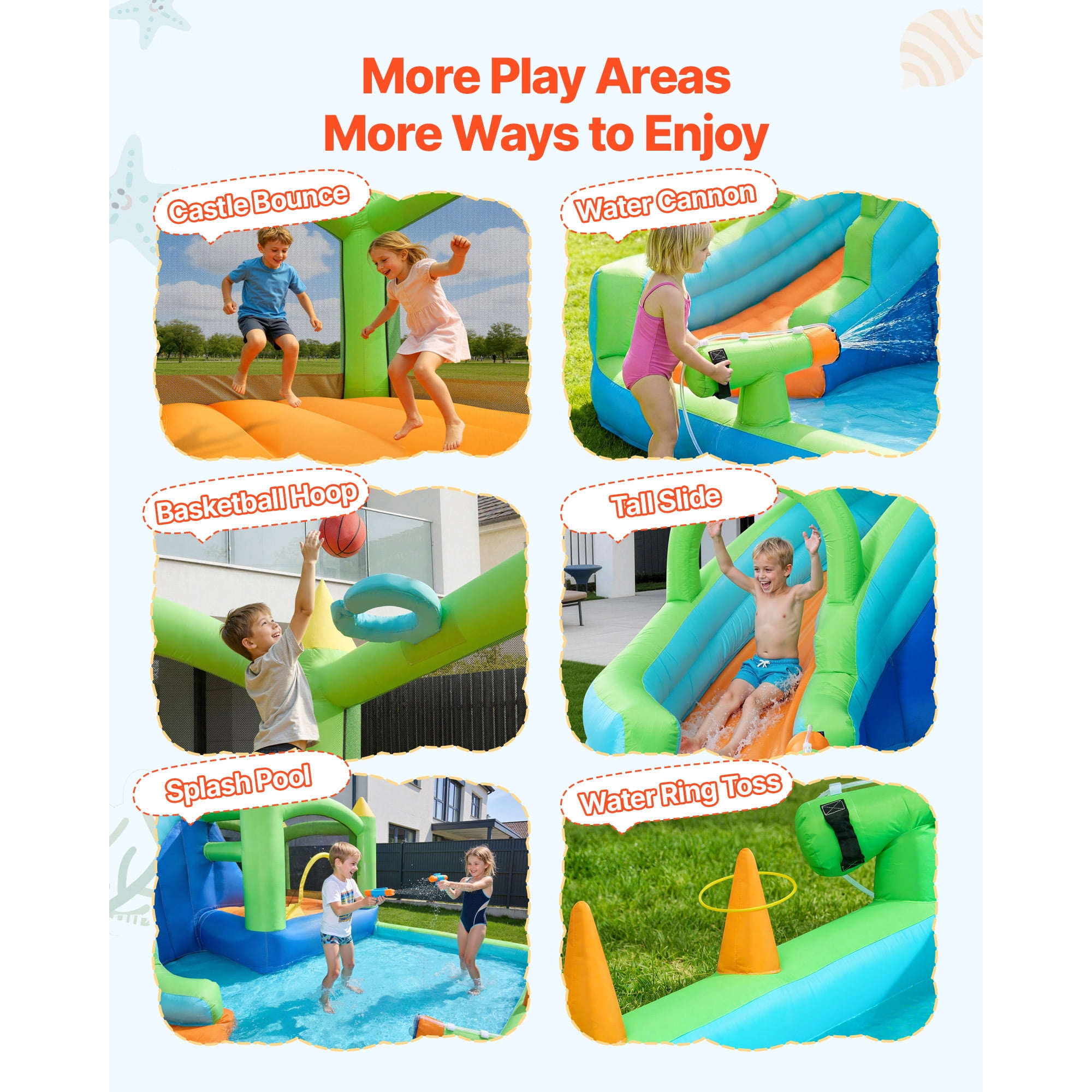 KFFKFF Inflatable Bounce House, 11.3 x 12.3 x 7.0 ft Inflatable Bounce House Water Slide, Bouncer Castle with Castle Bounces, Basketball Hoop, Splash Pool & Water Ring Toss, for 3 to 4 Ages 3 to 8
