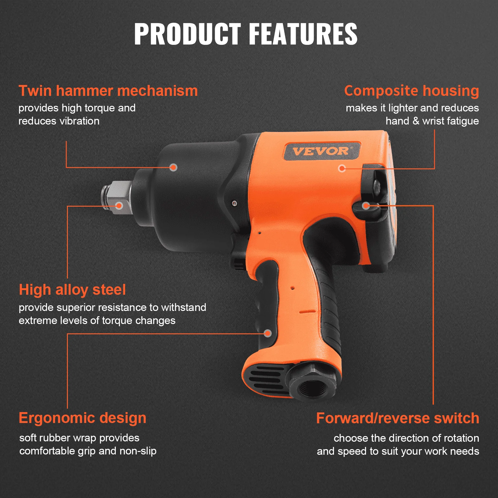 VEVOR Air Impact Wrench, 3/4-Inch Drive Air Impact Gun, Up to 1870ft-lbs Nut-busting Torque, Composite Pneumatic Impact Wrench for Auto Repairs