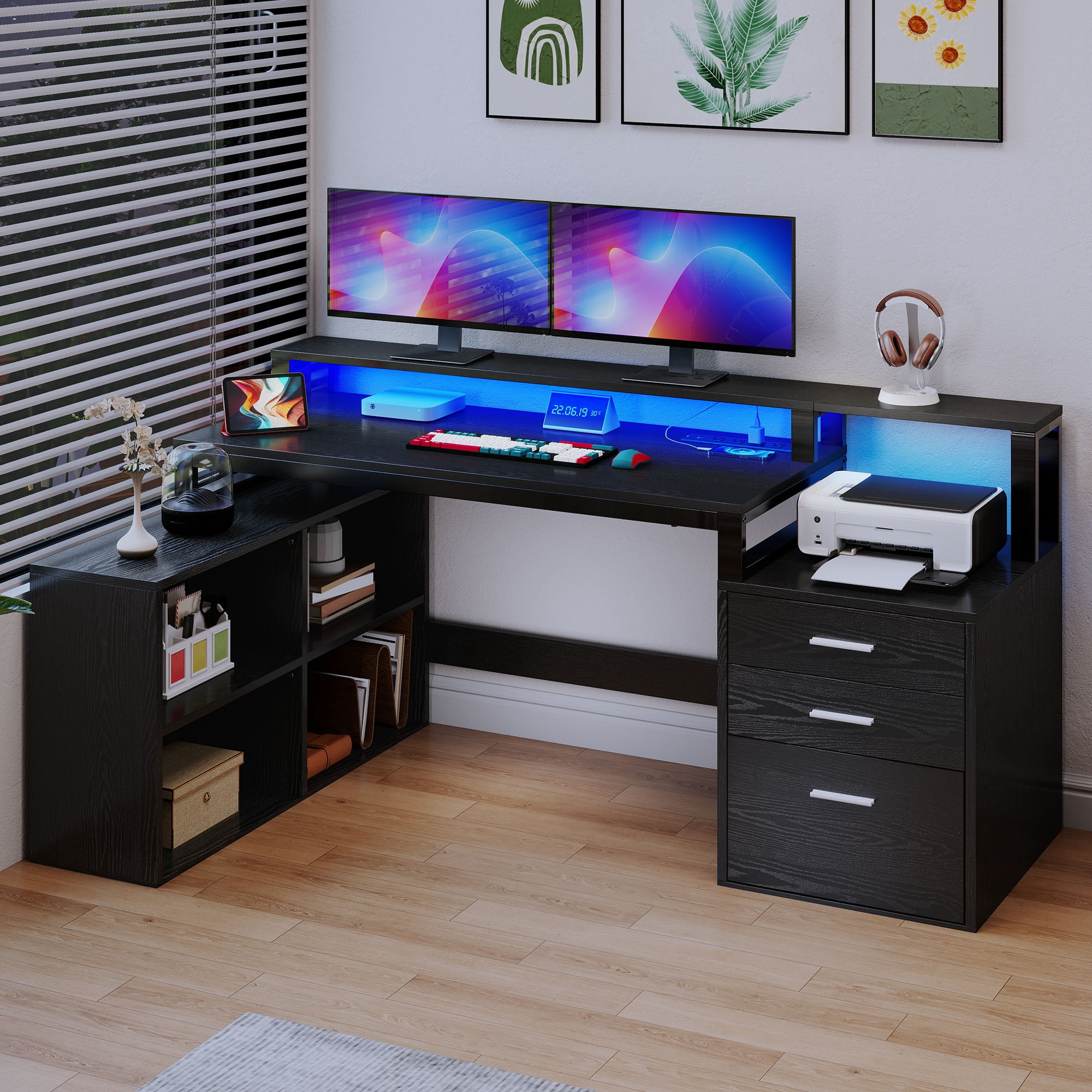 DEXTRUS 65" L Shaped Desk with Power Outlets, Monitor Stand, LED Light, File Cabinet, 3 Drawers, 4 Shelves
