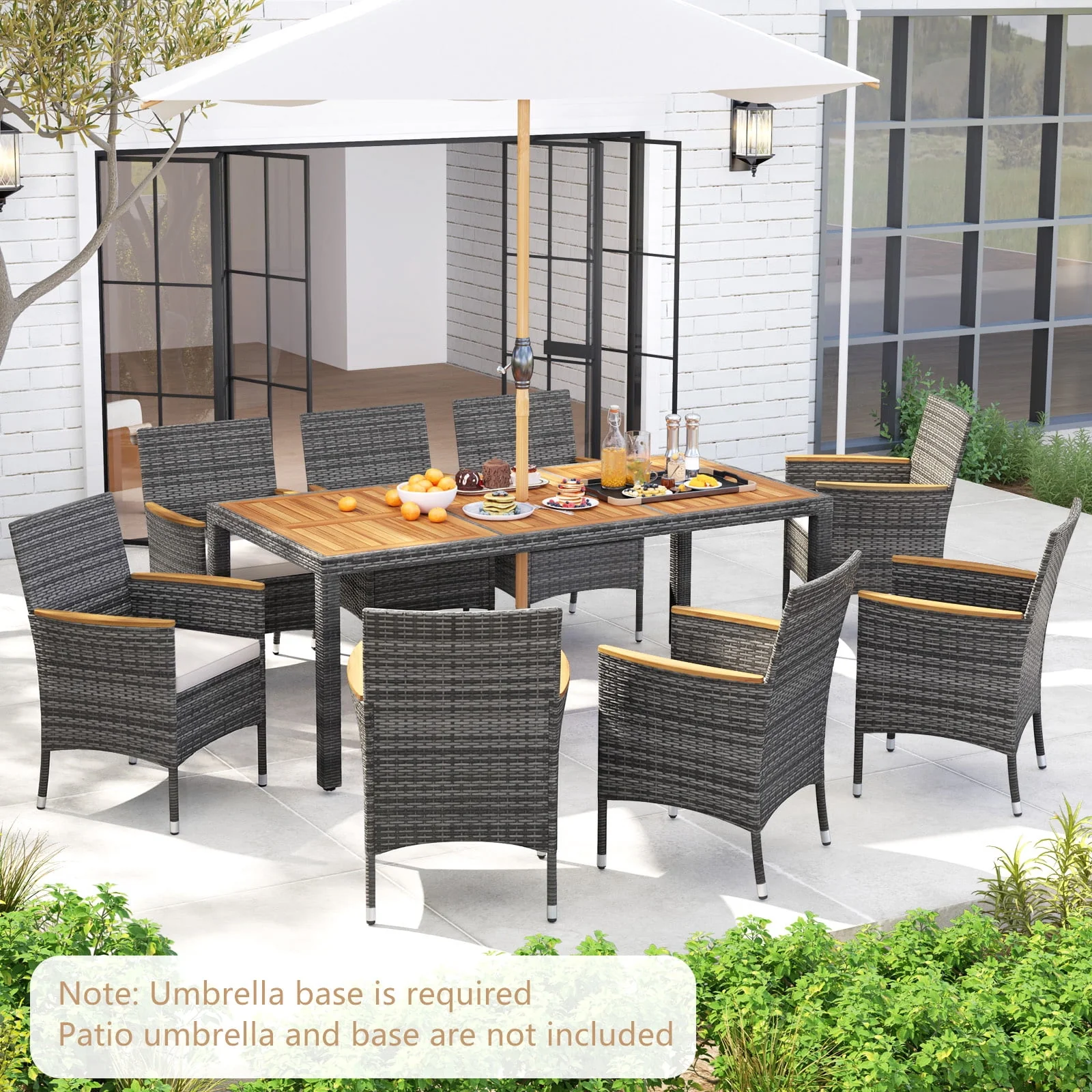Costway 9PCS Patio Rattan Dining Set Mix Gray Acacia Wood Table Cushioned Chair