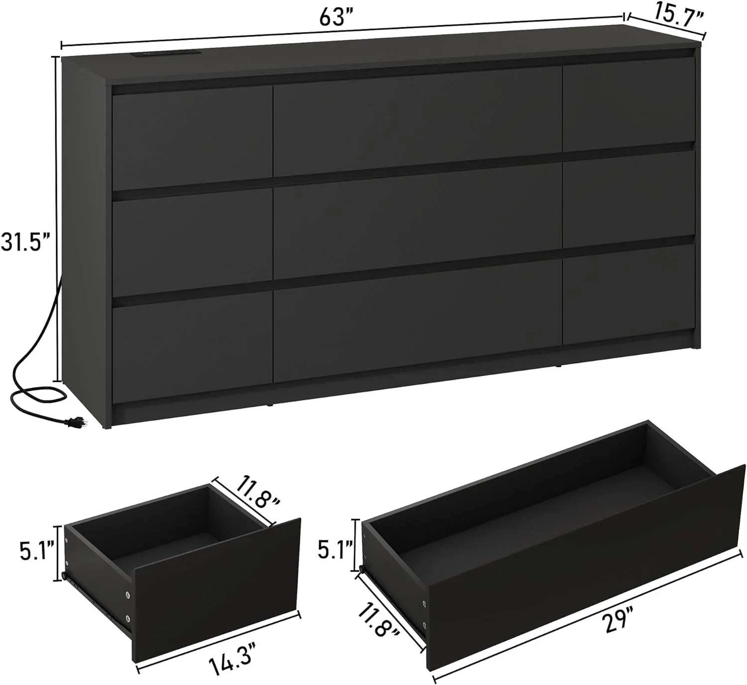 ChVans Black 9 Drawers Dresser with Charging Station, 63" Long Modern Dresser with 9 Drawers for Bedroom, Large Wood Chest of Drawers Handle Free, Dresser for Bedroom, Living Room, Hallway