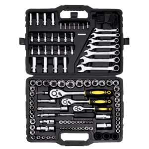VEVOR 121-Piece Mechanics Tool Set, 1/4" 3/8" 1/2" Drive Sockets, SAE and Metric Mechanic Tool Kit with Bits, Wrenches, Ratchet Handle, Accessories, and Plastic Storage Case, for Automotive Repair