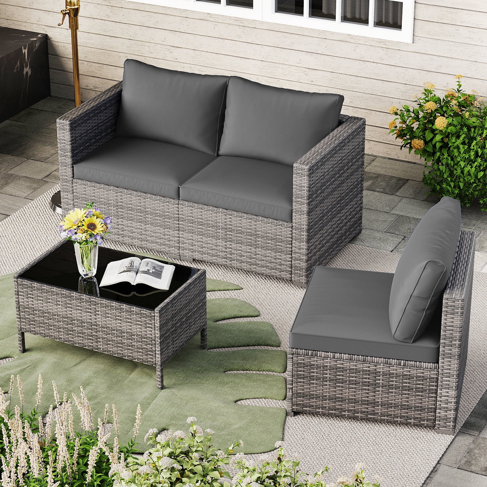 Gymax Set of 3 Patio Sectional Sofa Set PE Rattan Modular Couch Furniture Set w/Cushions