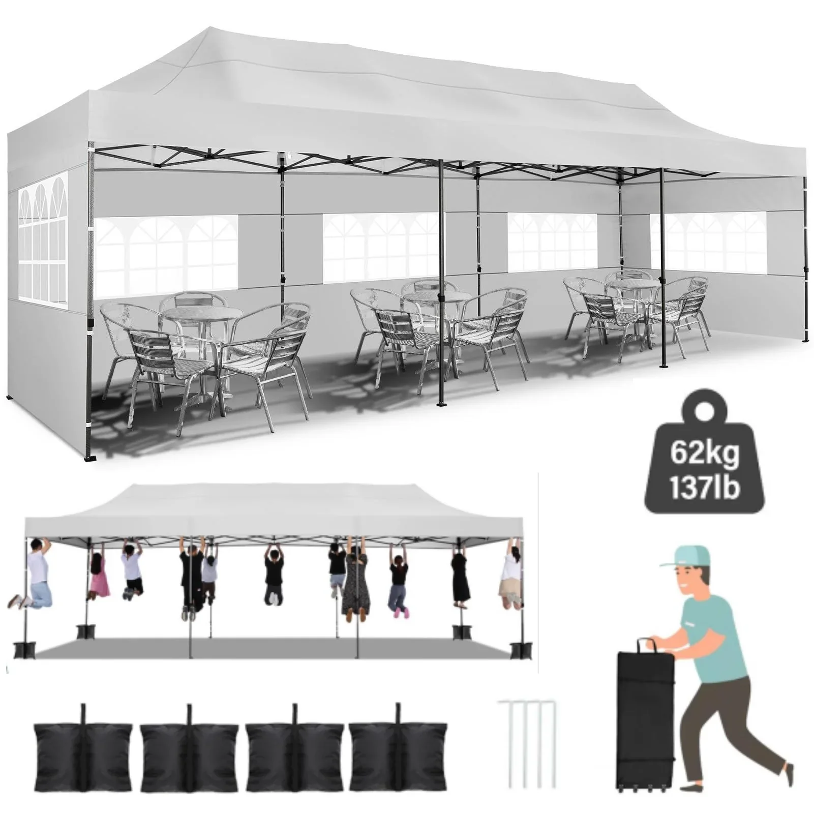 COBIZI 10x20 Heavy Duty Pop up Canopy Tent with 6 sidewalls Easy Up Commercial Outdoor Canopy Wedding Party Tent for Beach All Season Wind & Waterproof Gazebo with Roller Bag,Black(Frame Thickened)