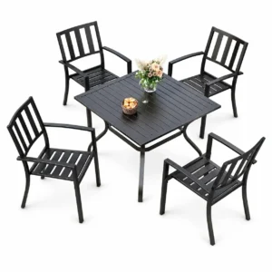 MFSTUDIO Metal Patio Dining Sets for 4, Outdoor Dining Sets with 1.57” Umbrella Hole, 4 Garden Backyard Metal Chairs and Larger Square Patio Table, Black