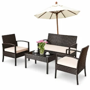 Costway 4PCS Patio Rattan Conversation Furniture Set Cushioned Seat Glass Table