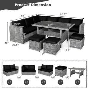 Costway 7 PCS Patio Rattan Dining Set Sectional Sofa Couch Ottoman Garden Black