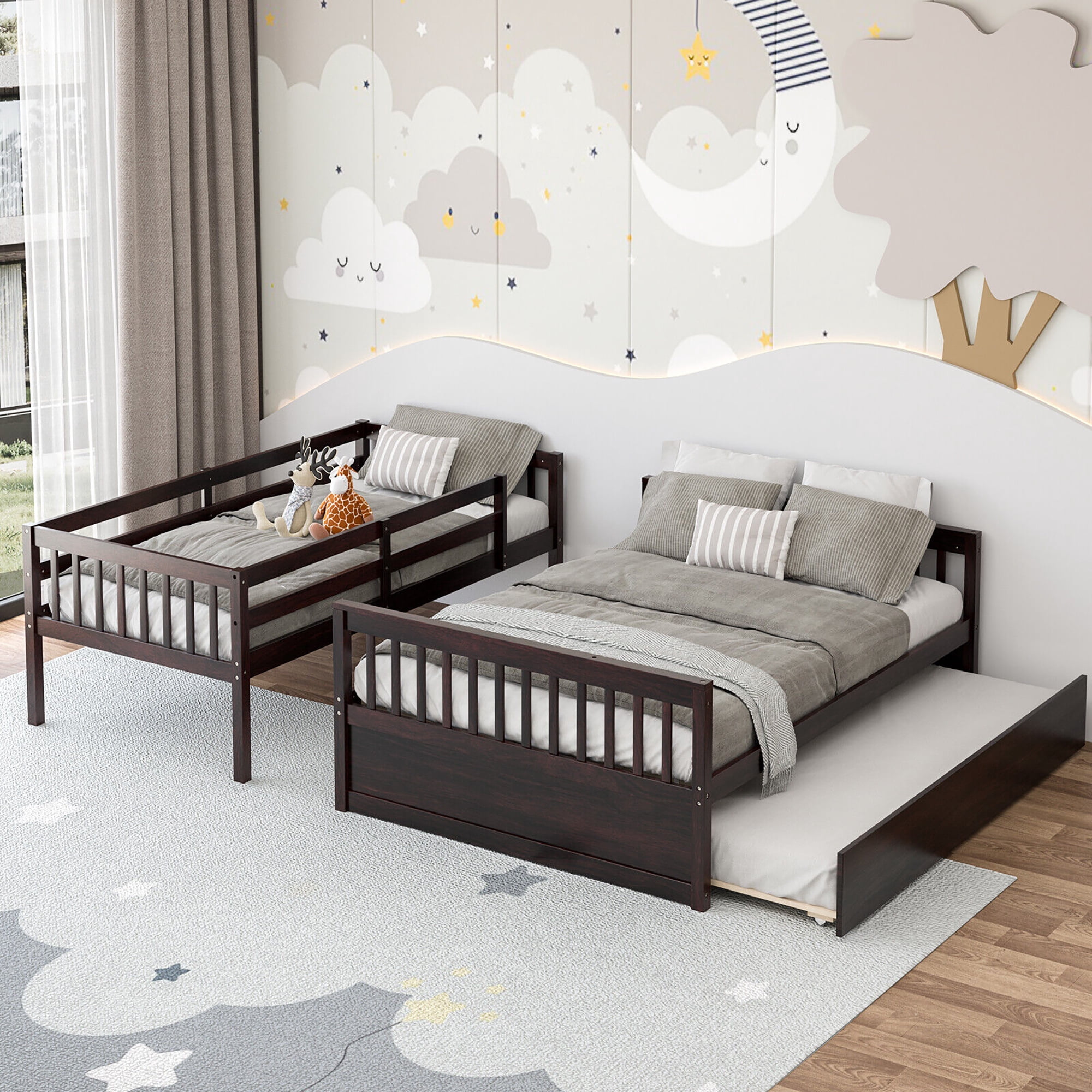 Gymax Twin Over Full Bunk Bed with Twin Trundle Convertible Platform Bed