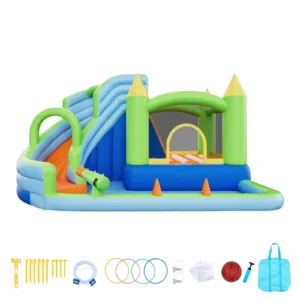 KFFKFF Inflatable Bounce House, 11.3 x 12.3 x 7.0 ft Inflatable Bounce House Water Slide, Bouncer Castle with Castle Bounces, Basketball Hoop, Splash Pool & Water Ring Toss, for 3 to 4 Ages 3 to 8