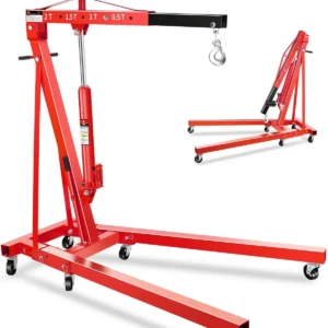 Red 2 Ton Folding Hydraulic Engine Hoist, Heavy Duty Shop Crane with 6 Locking Casters and 4 Boom Positions for Garage and Workshop