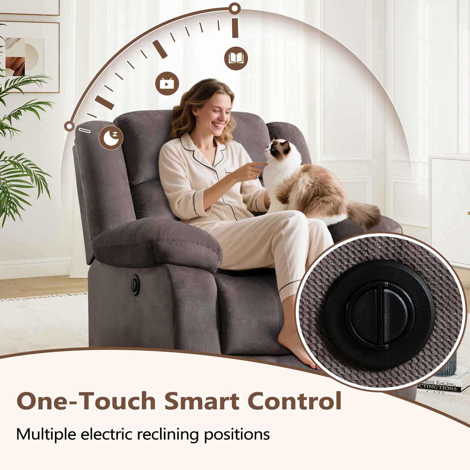 Bonzy Home Power Recliner Chair, Fabric Electric Reclining Chair with Overstuffed Cushion and Back, Comfy Oversized Recliners for Living Room, Bedroom, Adults