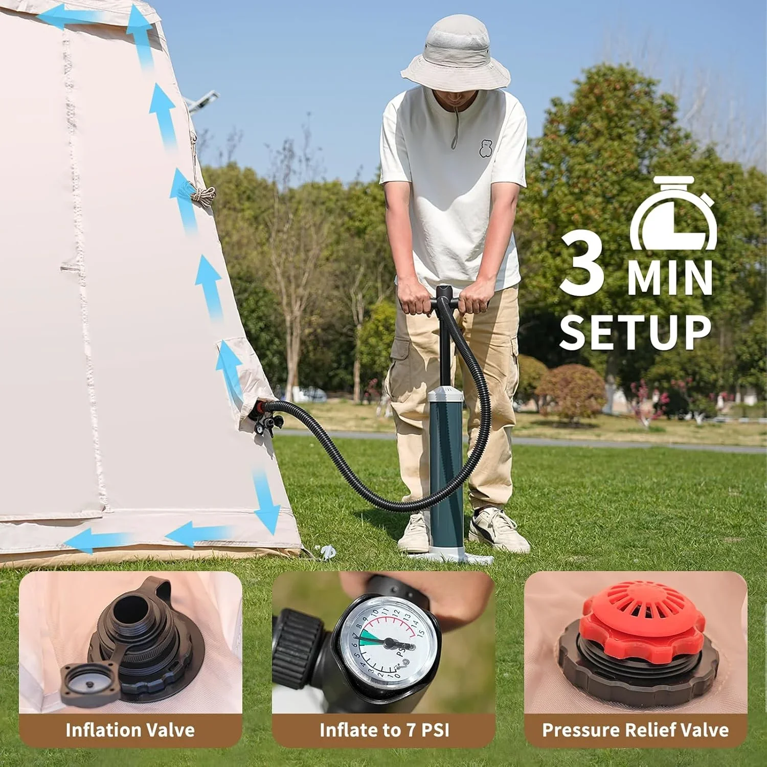 Zikebtuy 2/6/8 Person Inflatable Camping Tent, Easy Setup Blow Up Air Tent with Hand Pump, Waterproof 4-Season Glamping Tent with Large Mesh Windows & Oversized Canopy for Couples, Group & Family
