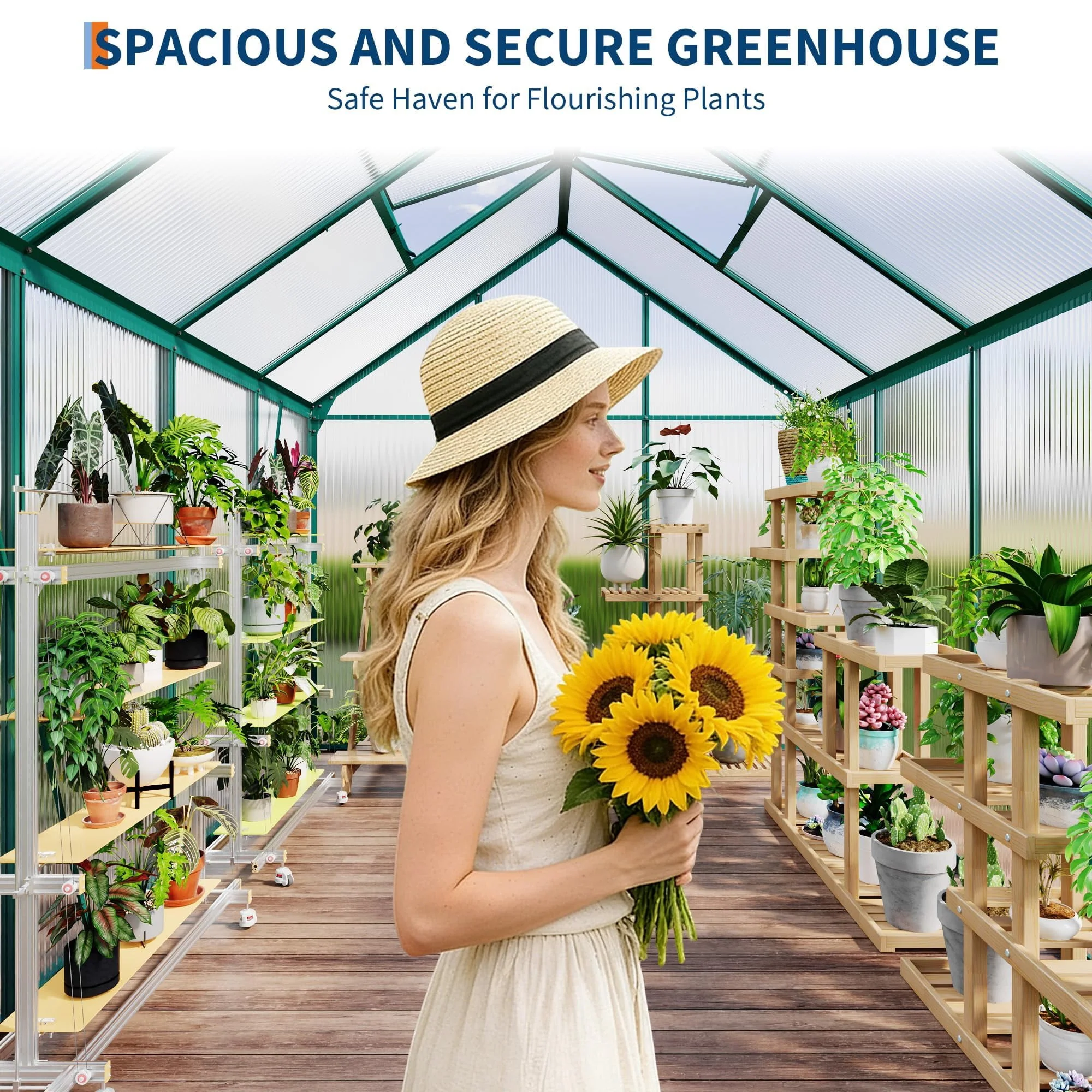 6x8 FT Polycarbonate Greenhouse – Outdoor Walk-In Greenhouse with Heavy Duty Aluminum Frame, Sliding Door, Adjustable Roof Vent & Rain Gutter for Backyard Gardening