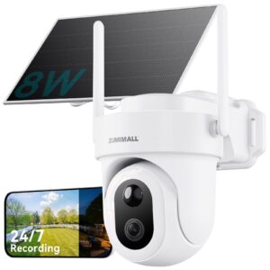 ZUMIMALL 8W Solar Security Camera,AOV 24/7 Recording,360- View Wireless Outdoor Camera,Rechargeable Battery Powered,2K Color Night Vision, 2-Way Talk, 2.4GHz WiFi, Auto Tracking,White